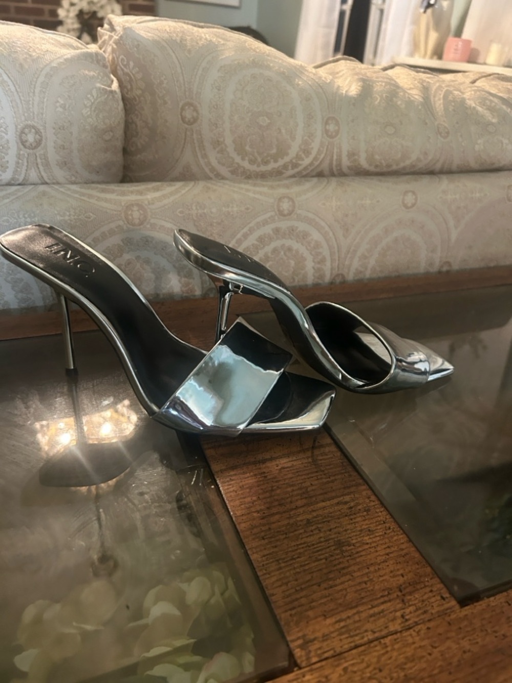 INC International Concepts Silver Metallic Pointed Toe Stiletto Mules